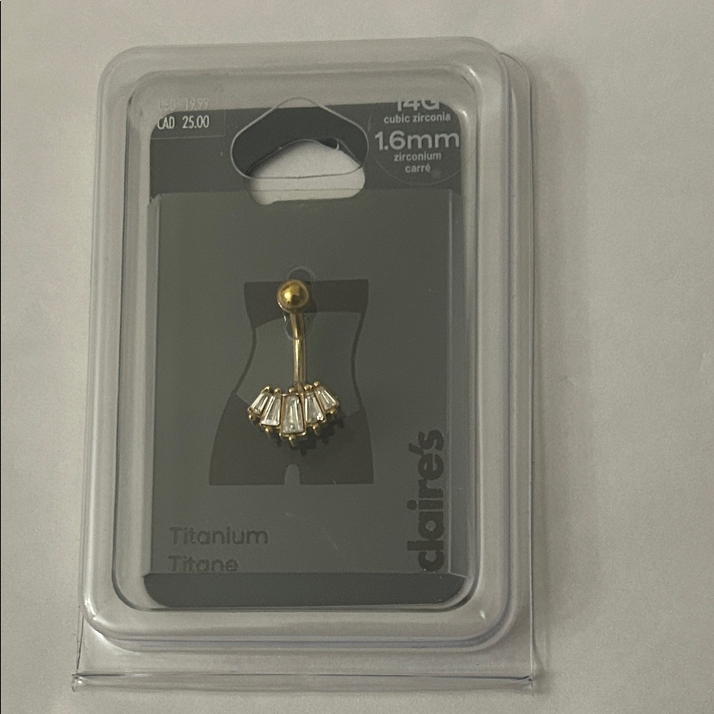 Claire's Gold and White Belly Button Ring Titanium cubic zirconia NEW